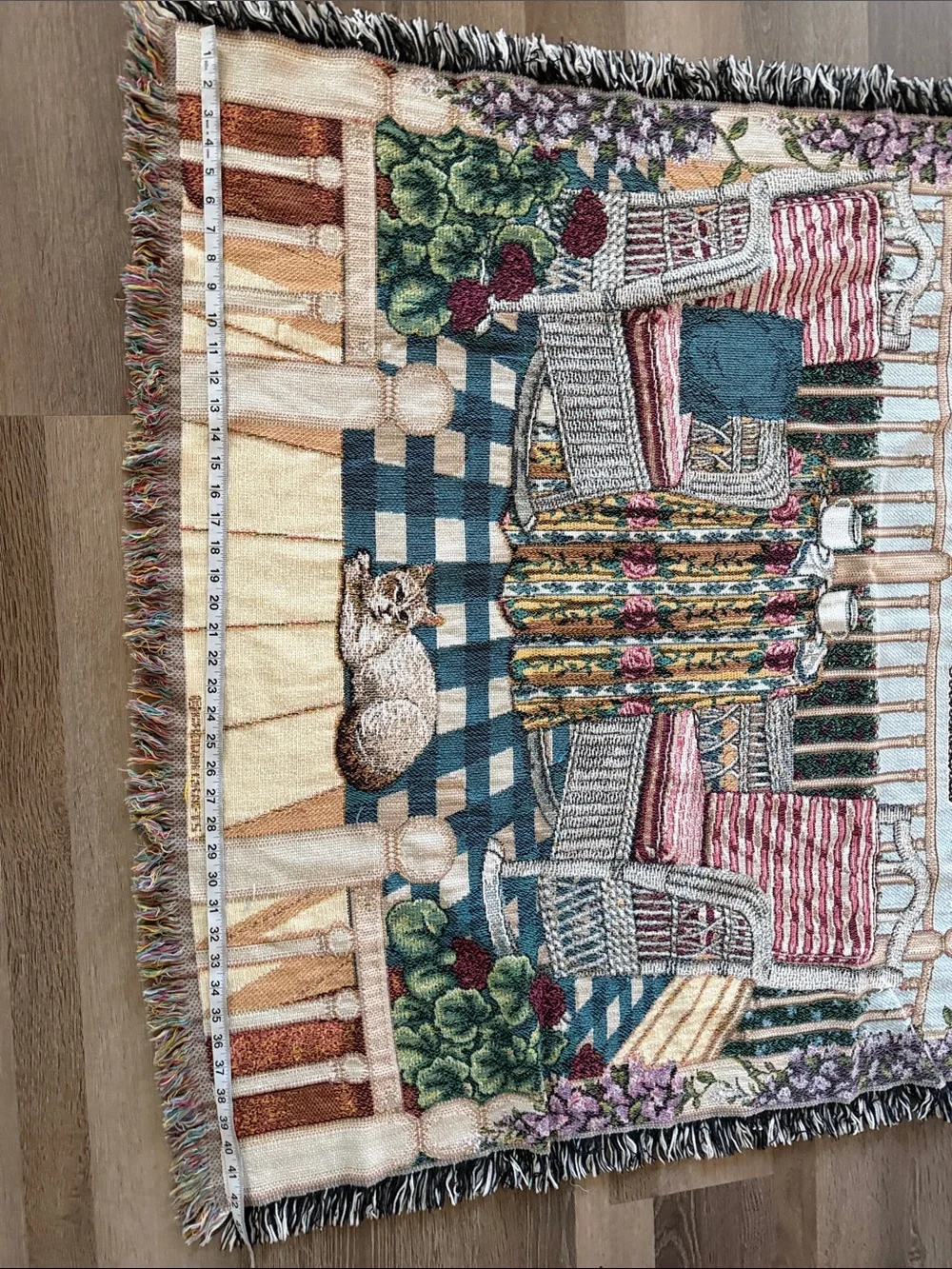 Cozy Porch Tapestry Throw Blanket with Floral and Wicker Chair Scene